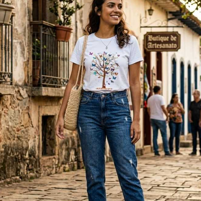 Camiseta Feminina Estampada Árvore Borboletas 100% Algodão Estilosa Confortável Premium