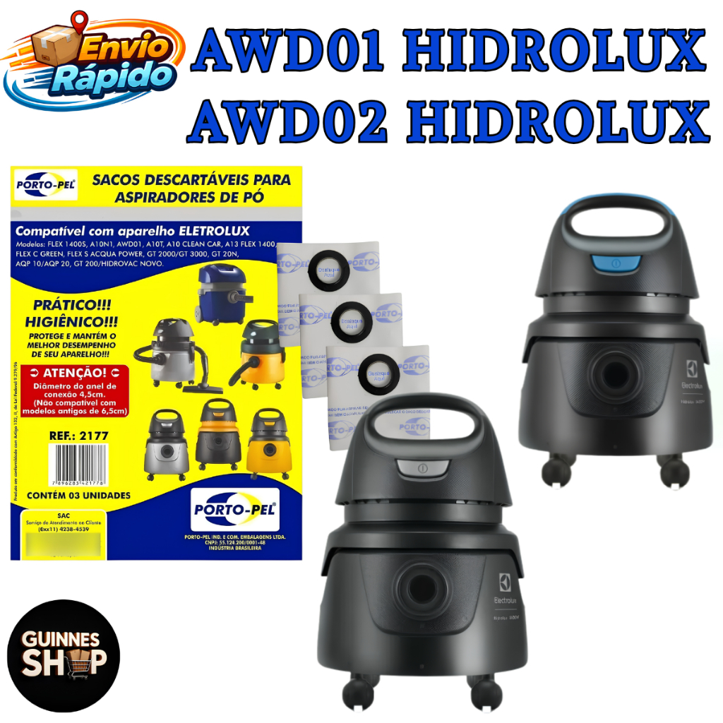 Kit 3 Sacos Aspirador de Pó Electrolux - AWD01 HIDROLUX (2177) AQP10