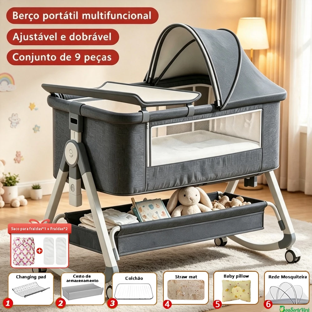 Berço Moises Portátil Co-bed Com Balanço Mosquiteiro Cesto Regulagem De Altura E Anti Asfixia