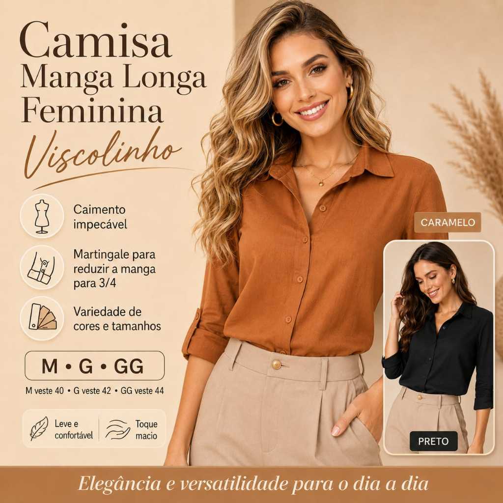 Blusa Feminina Social Viscolinho Manga Longa  Elegante Soltinha Botões Casual  Trabalho Dia a Dia