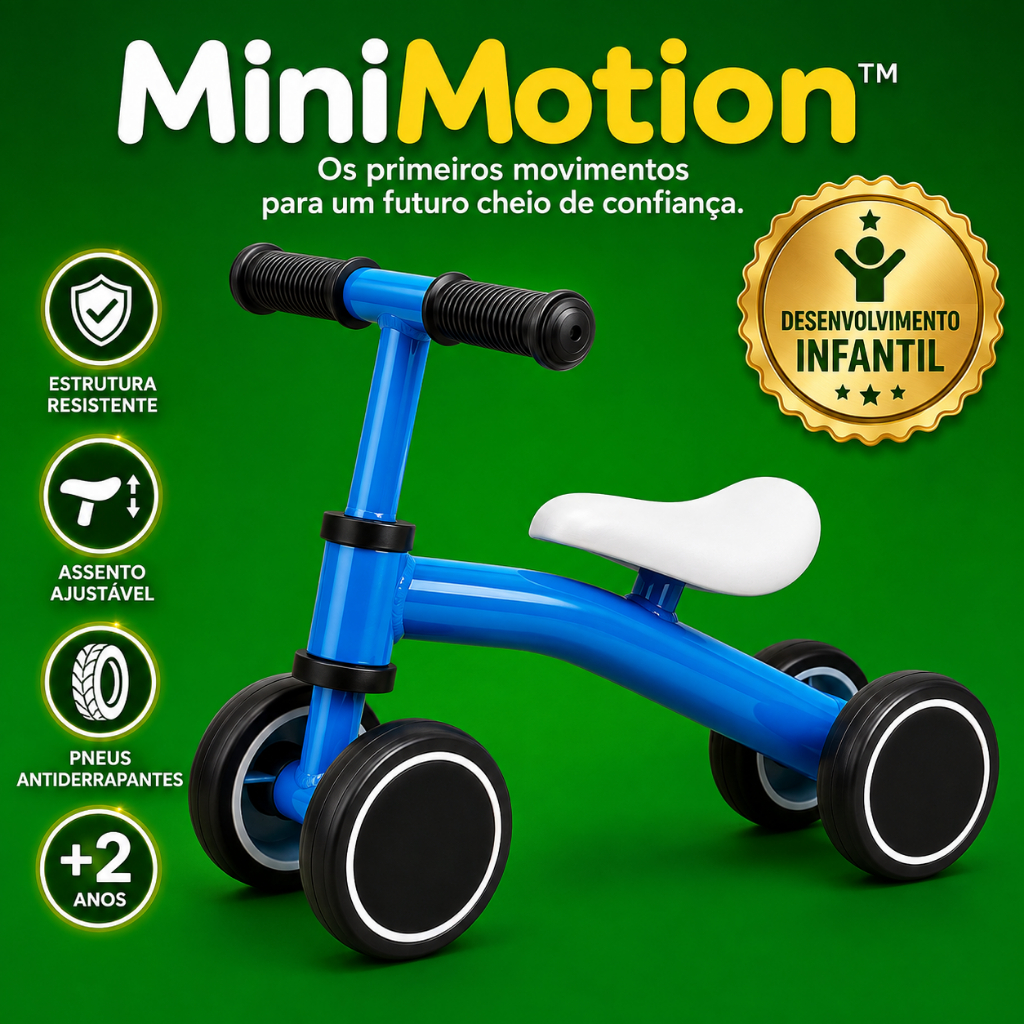 Bicicleta de Equilíbrio Infantil MiniMotion 4 Rodas Sem Pedal Assento Ajustável Azul +2 Anos