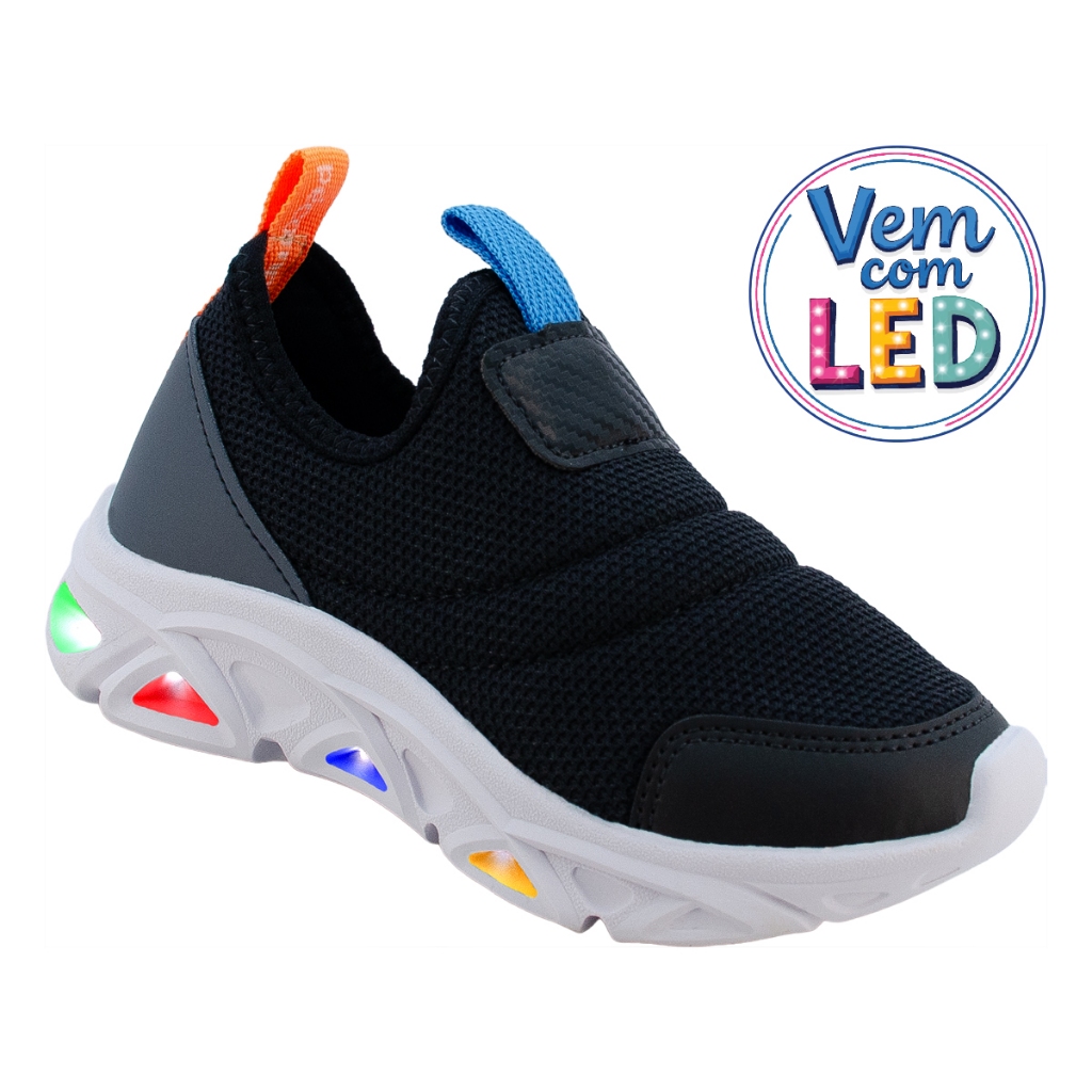 Tênis Infantil Preto com Led Casual Menino Spark Confortável Calce Fácil
