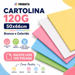 Papel Cartolina 120g 50x66cm Pacote com 100 Folhas Dupla Face Escolha a Cor para Artesanato Escola Recorte Artes