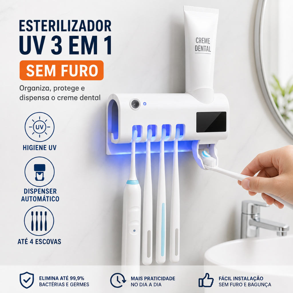 Organizador Porta Escovas de Dente com Luz UV Dispenser de Pasta Suporte Parede Banheiro