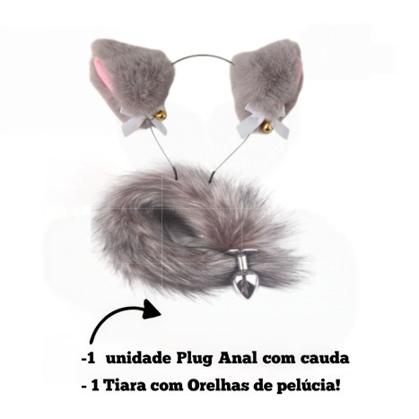 Plug anal com rabo, fantasia BDSM, conjunto tiara de raposa Cinza