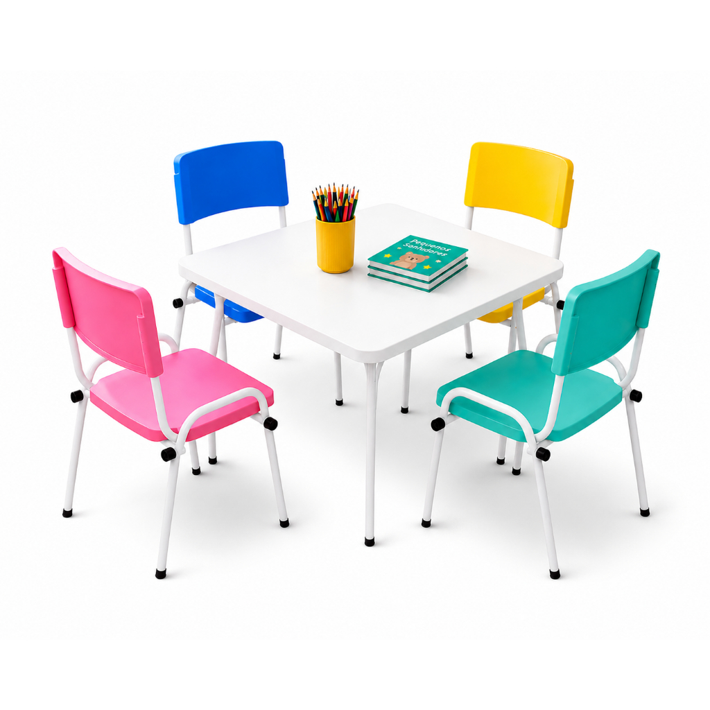 Kit Conjunto Mesa Mesinha Infantil Com 4 Cadeiras Base Branca De Estudo Didática Educativa Para Crianças