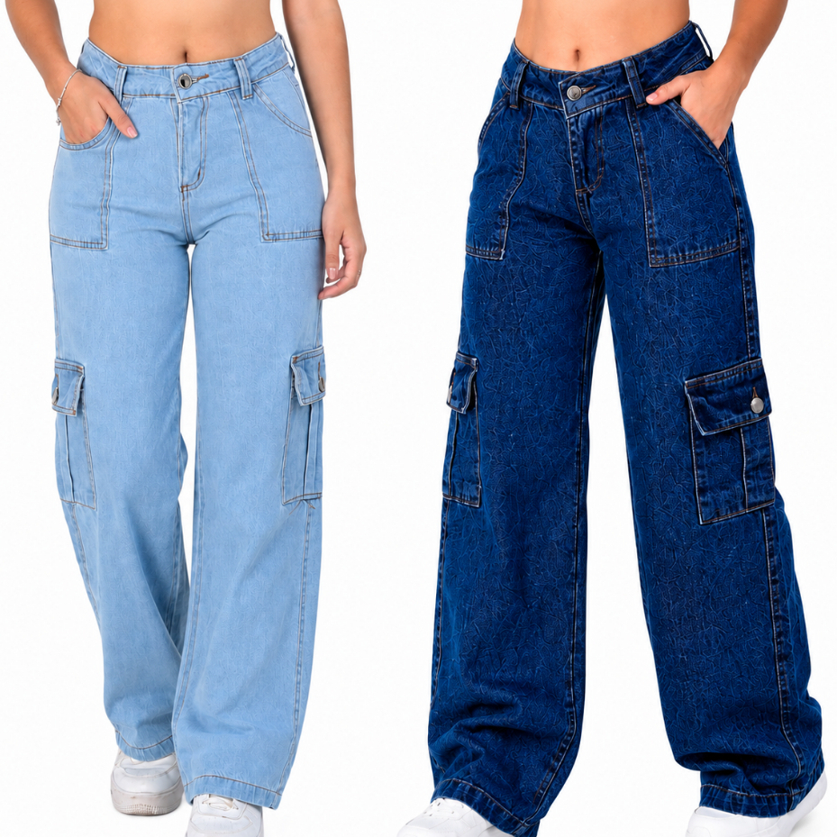 Calça Cargo Juvenil Menina Wide Leg Jeans Bolsos Tam 10 ao 16