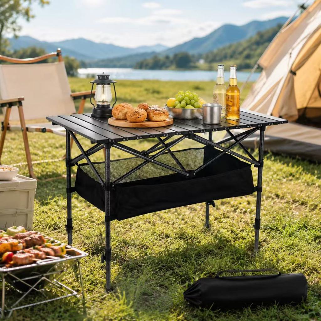 Mesa dobrável portátil, altura ajustável, em aço carbono, desmontável, suporta até 120kg, ideal para camping e churrasco