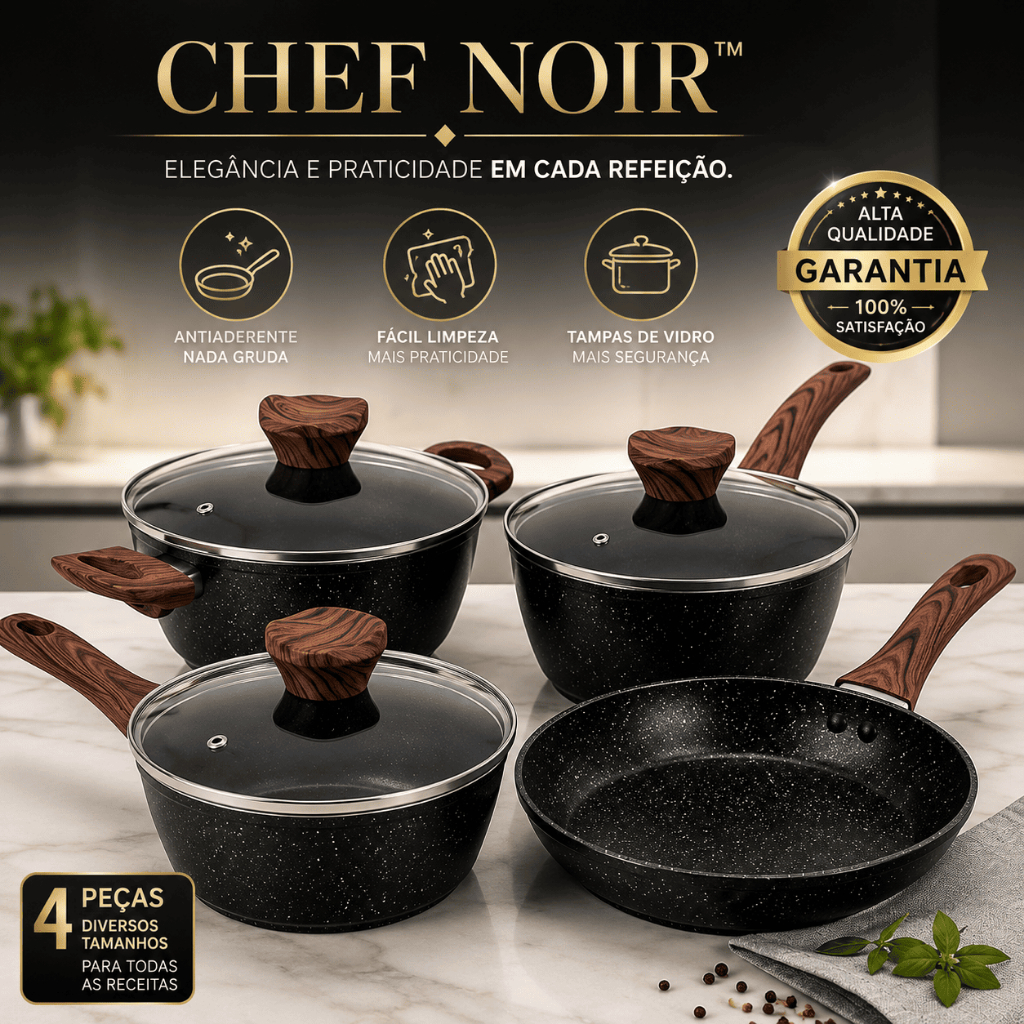 Kit Panelas Antiaderentes 4 Peças Tampa  Vidro Revestimento Durável Jogo de Panelas Preto Chef Noir™