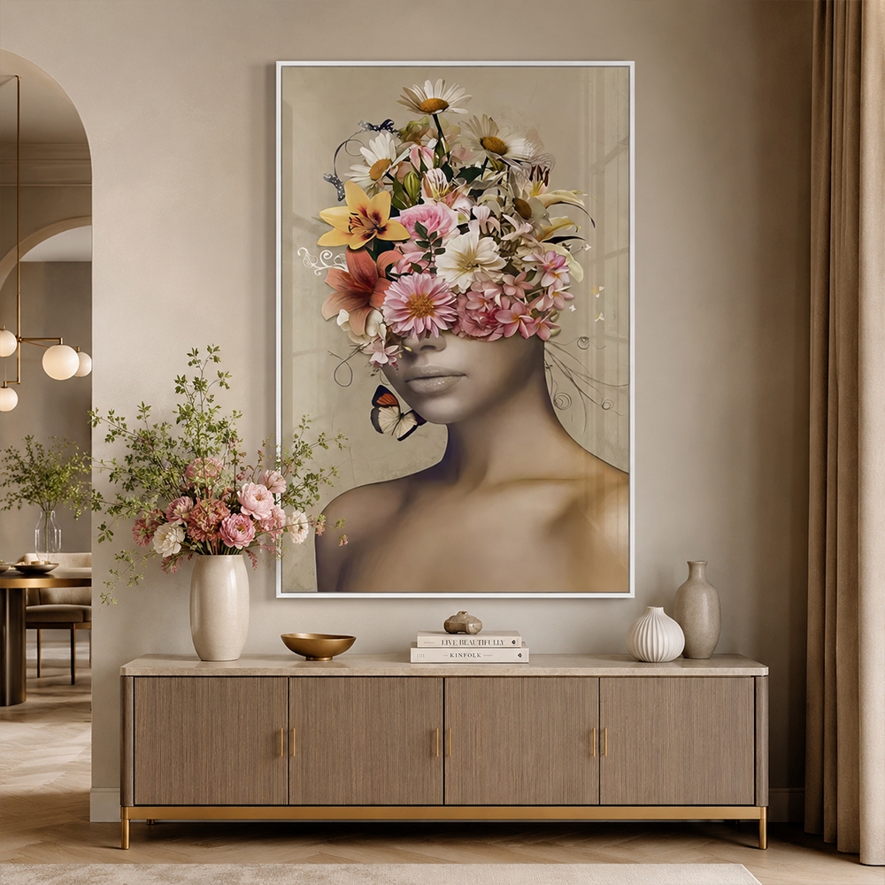 Quadro Decorativo Mulher com Flores Moldura Sala Quarto Escritorio