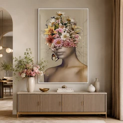 Quadro Decorativo Mulher com Flores Moldura Sala Quarto Escritorio