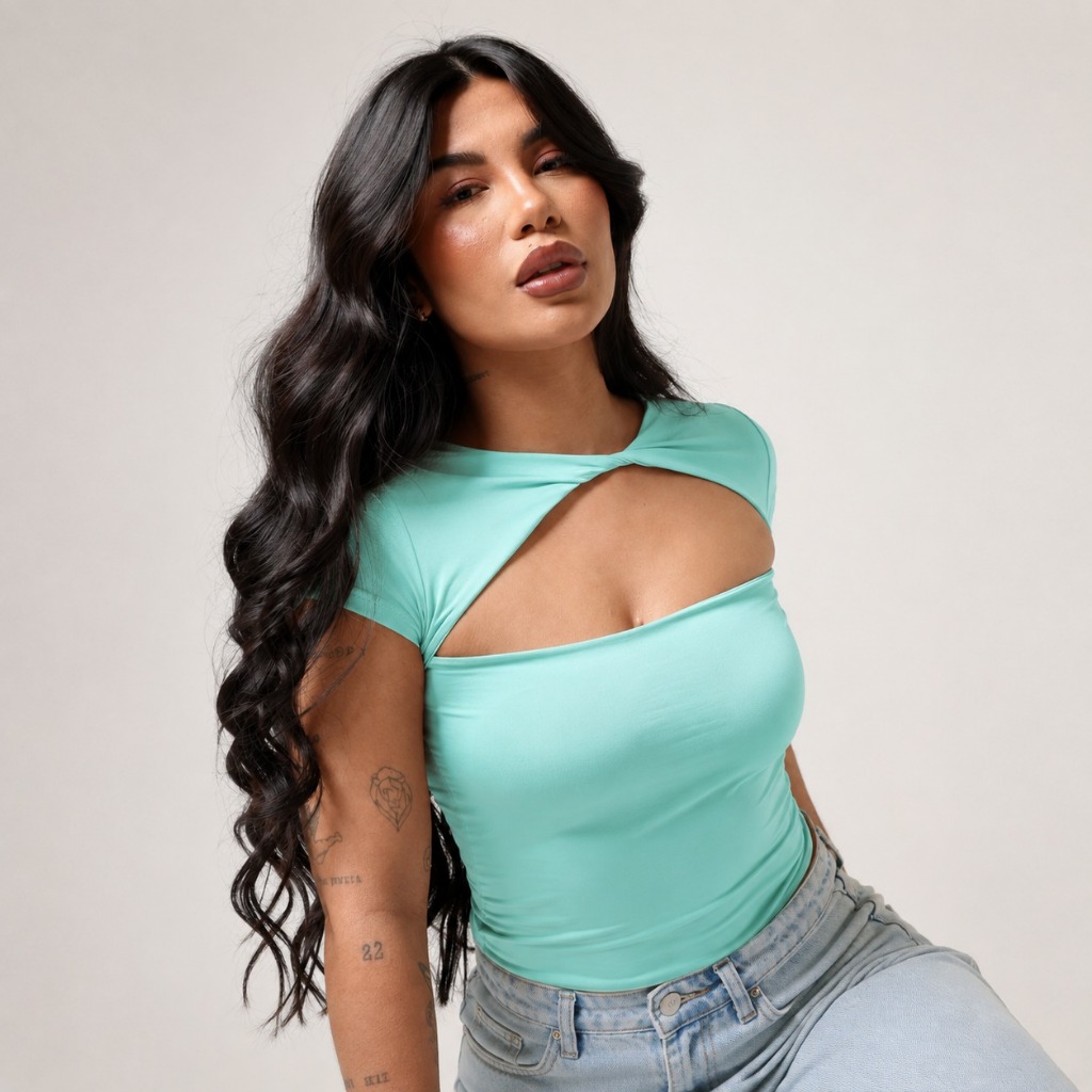 Blusa Feminina Canelada Decote Vazado Torcido Manga Curta Cropped Justa Moda Casual Elegante Tendência 2026