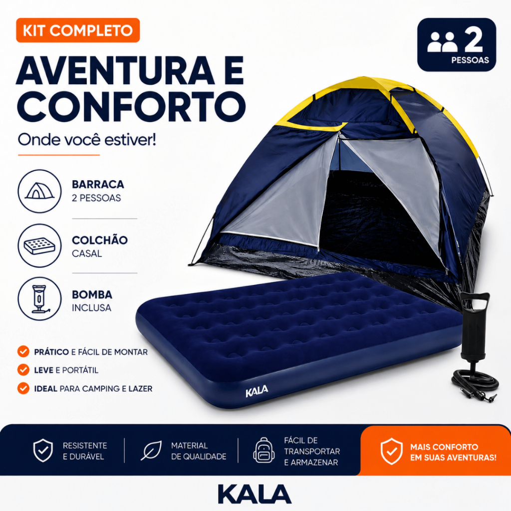 Kit Camping Perfeito Barraca 2P + Colchão Casal e Bomba Manual de Ar Black Friday