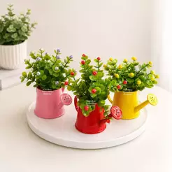Arranjo Decorativo Regadores Coloridos Preenchidos Com Espuma + 2 Ramos De Buquê Sementinha Artificial Pronto Para Uso