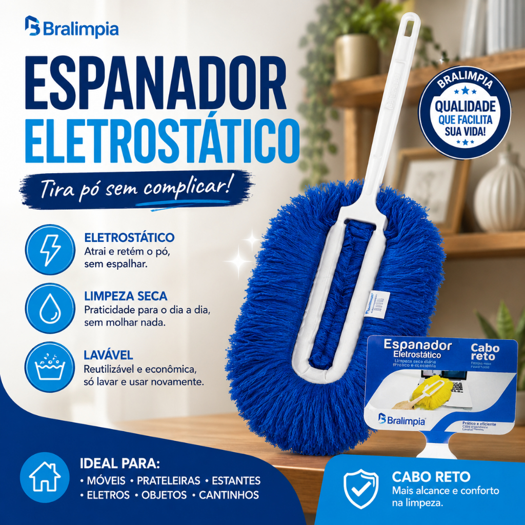 Espanador Eletrostático Bralimpia Tira Pó Lavável Cabo Reto e Cabo Dobrável.