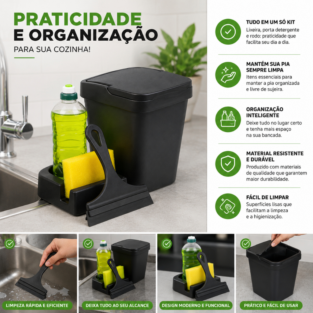 Organizador para Pia de Cozinha Kit com Lixeira Porta Detergente e Rodo Prático — imagem 2 de 2