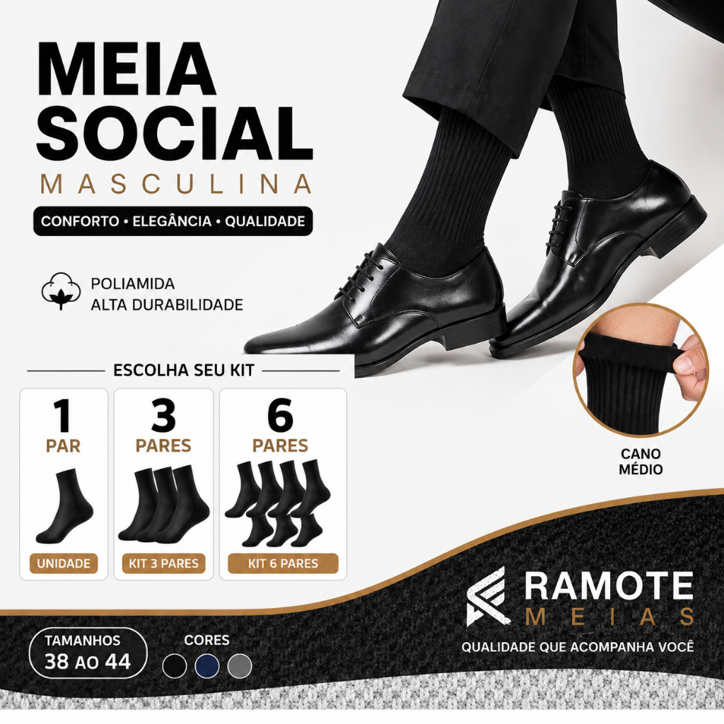 Meia Social Masculina Fina em Poliamida 38 ao 44 | kit 1, 3 ou 6 pares