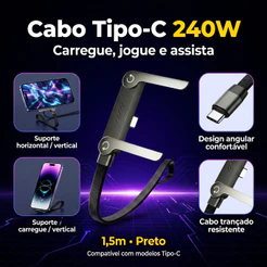 Cabo USB-C 240W 1,5m 90 Graus Carregamento Rápido Tipo C Curvado para Celular Gamer