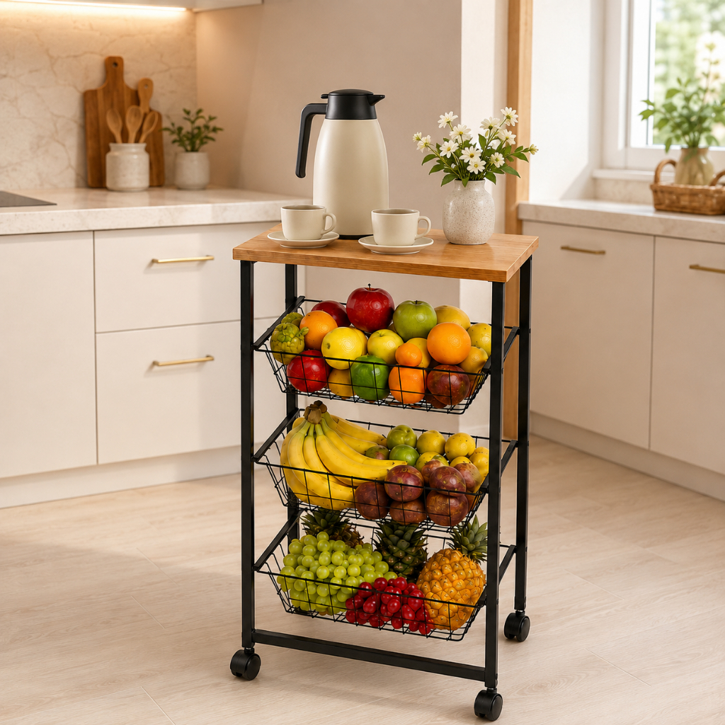 Fruteira De Chão ​3 Cestos Deslizantes Com Rodinha Em Aço Preto Mdf Amadeirado