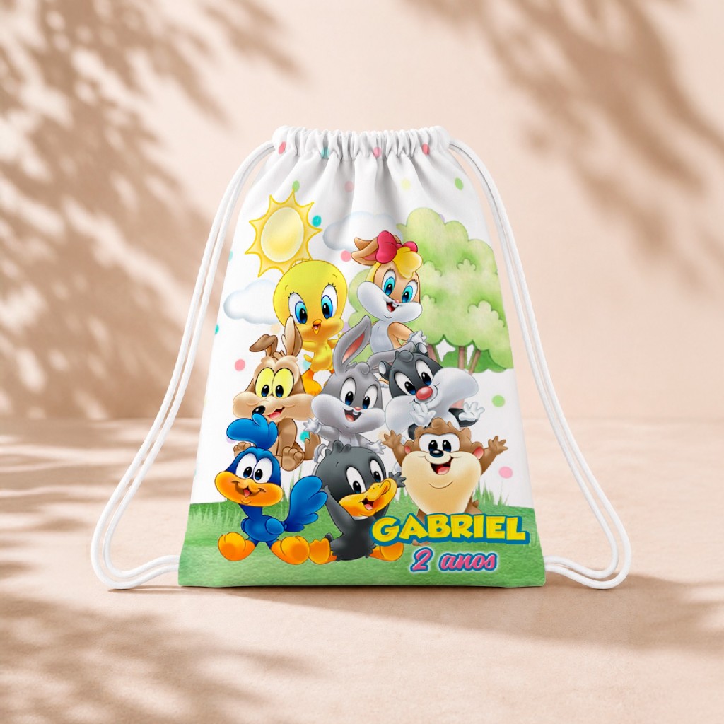 10 Mochila Personalizada Infantil 18x26 Sacolinhas Surpresa Festa Aniversário Lembrancinha Baby Looney Tunes M2
