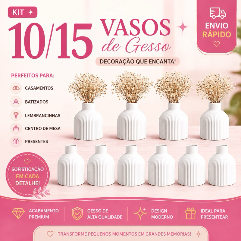 Kit 10/15 Vasos de Gesso Luxo 🌸 Perfeitos para Lembrancinhas de Casamento, Batizado, Centro de Mesa e Festas Elegantes!
