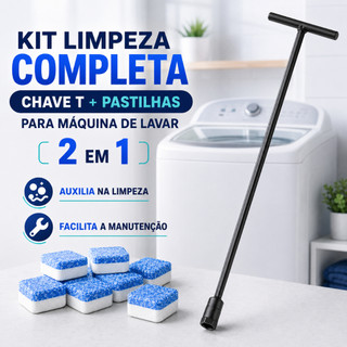 Kit Limpeza Máquina de Lavar com Chave T Preta para Agitador + 6 ou 12 Pastilhas Efervescentes