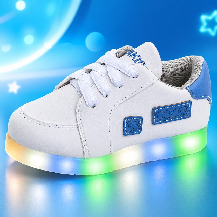 Tênis Infantil Menino com LED Colorido Beakid Luz Luzinha na Sola Confortável Casual Branco Cadarço