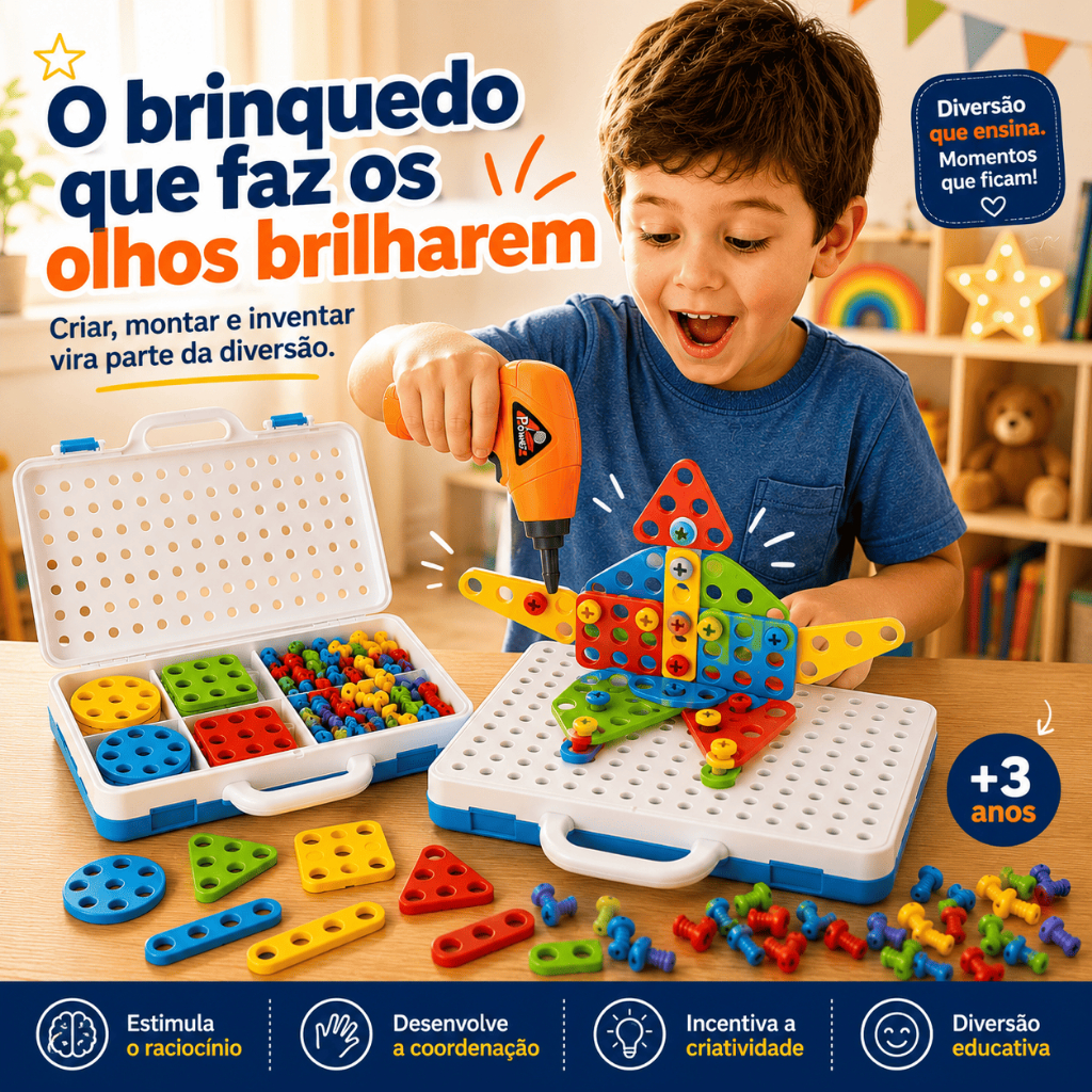 Brinquedo Educativo Infantil Parafusadeira Elétrica Kit de Montar 132 Peças com Maleta +3 Anos