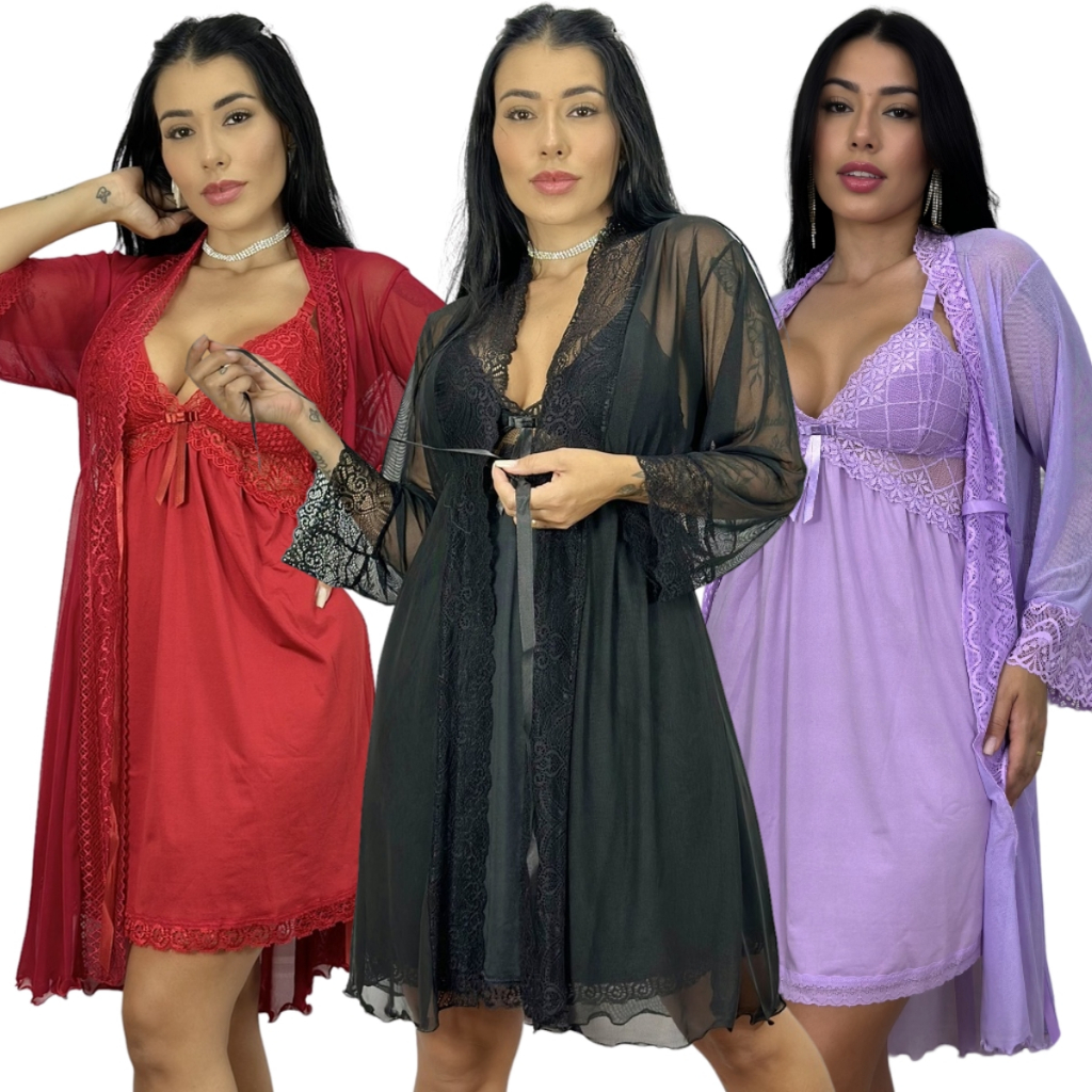 Kit Camisola Feminina para Amamentação com Robe em Tule e Renda Pós-Parto