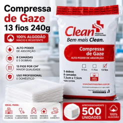 Compressa De Gaze Hidrófila Com 13 Fios Não Estéril Pacote Curativo 500un ou 240g
