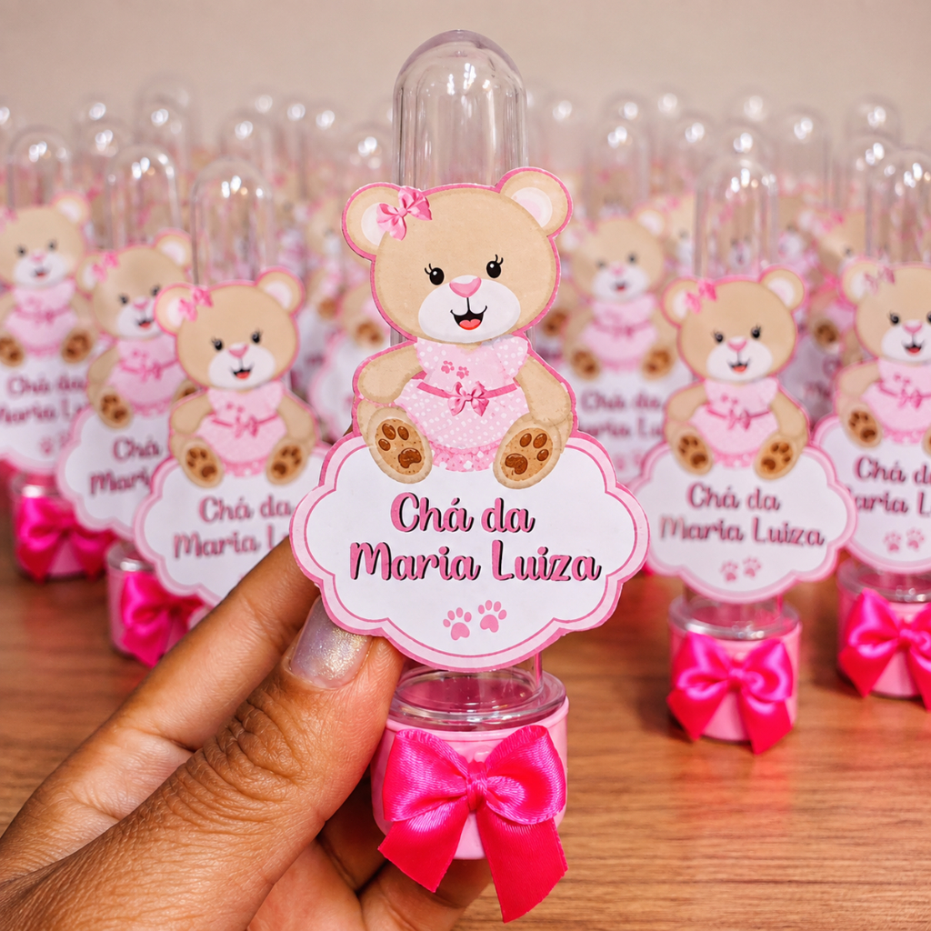 Tubete Acrílico Ursinha Princesa com Lacinho Personalizado , Chá de Bebê , Maternidade, Aniversário
