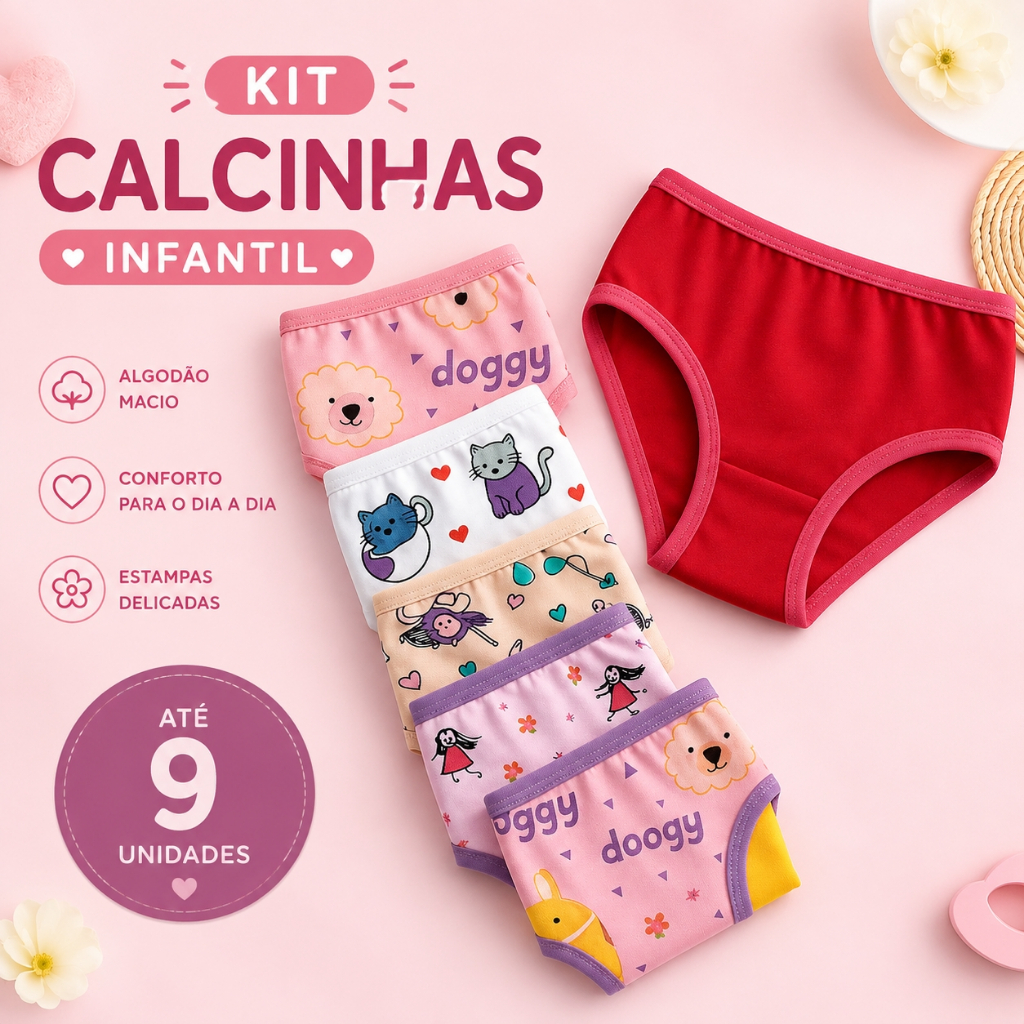Calcinha Tanga Menina Infantil Juvenil Confortável Criança Estampas Sortidas Calor Verão Kit Economico ate 9 Unidades