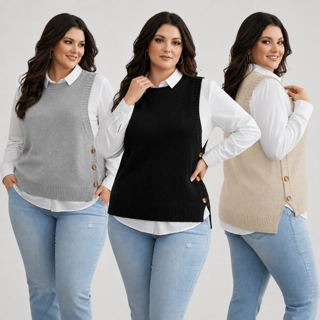 Colete Tricot Feminino Plus Size Detalhes em Botão Sofisticado Outono Inverno Terceira Peça Estilosa