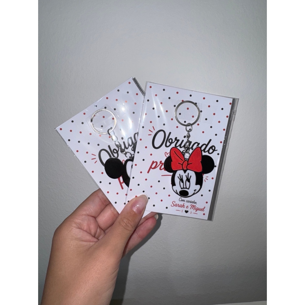 Kit Chaveiro Mickey e Minnie Personalizado com Nome e Idade + Cartão – Lembrancinha de Aniversário Festa Infantil