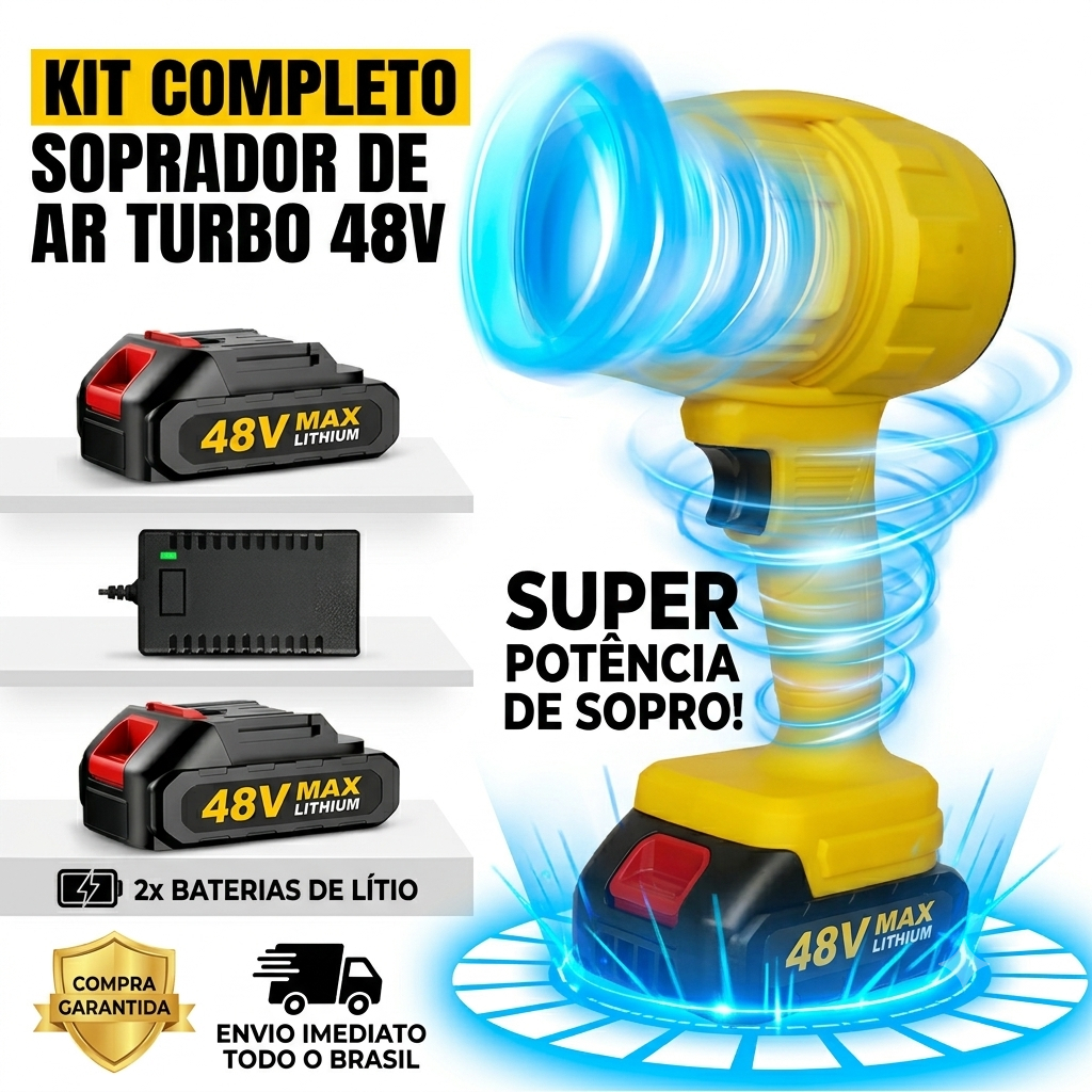 Soprador De Ar Turbo A Bateria Sem Fio 48V 2 Baterias / 88V 1 Bateria Com Carregador Bivolt Para Limpeza