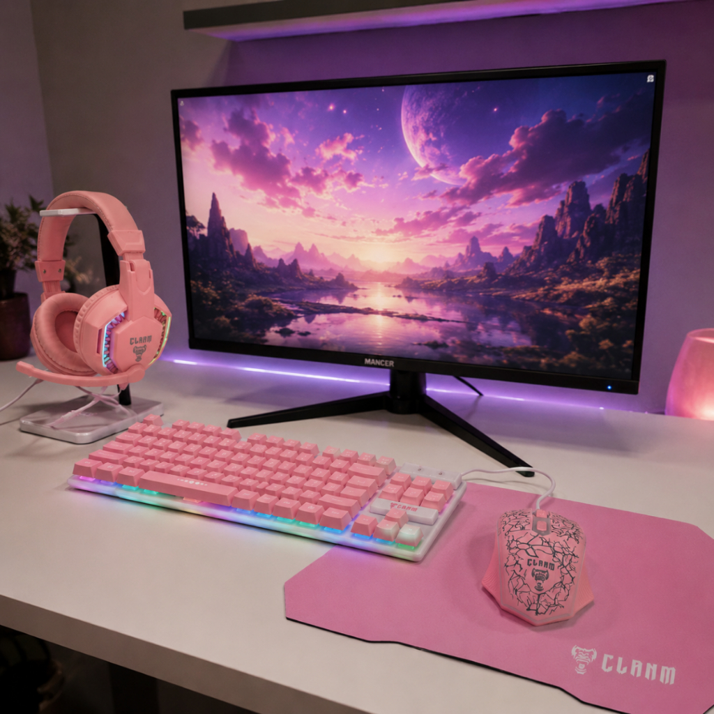 Kit Gamer Rosa 4 em 1 CLANM Teclado ABNT2 Mouse 3600 DPI Headset 50mm Mouse Pad LED Rainbow Meninas Setup Completo