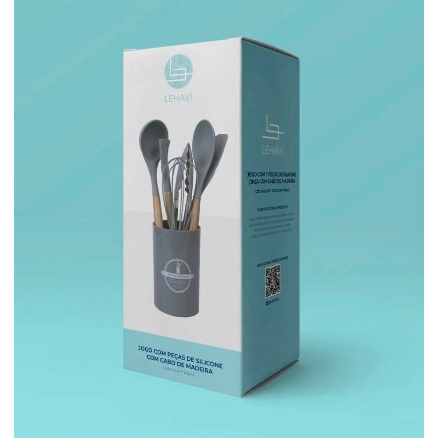 Kit Utensílios de Silicone Cozinha Cabo Madeira Antiaderente