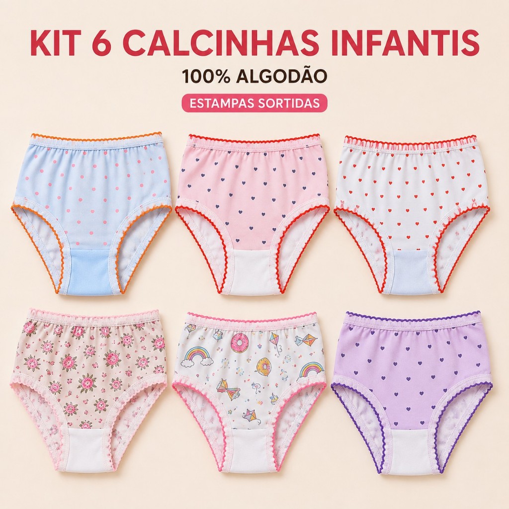 Kit 6 Calcinhas Infantil Menina 100% Algodão Confortáveis P M G GG