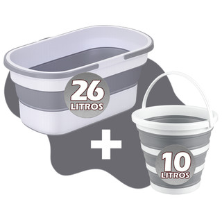 Kit Cesto Retrátil com Rodinhas + Balde Dobrável Retrátil 10L Silicone Multiuso