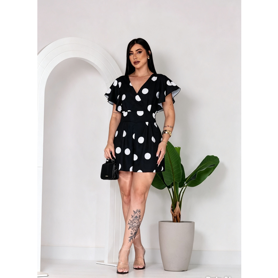 Macaquinho Feminino Estampado Poá Bolinhas Manga Babado V Estilo Casual