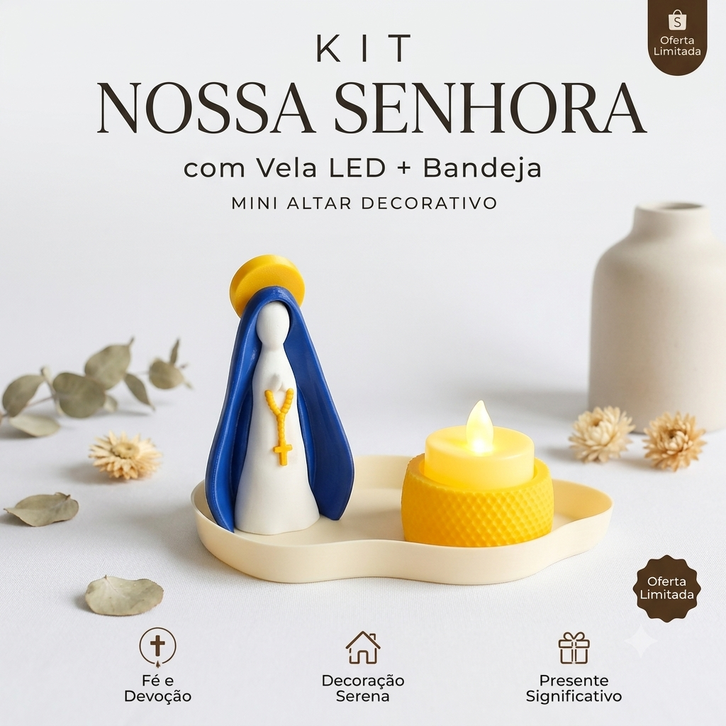 Kit Nossa Senhora com Vela LED e Bandeja | Mini Altar Católico Decorativo | Presente Religioso