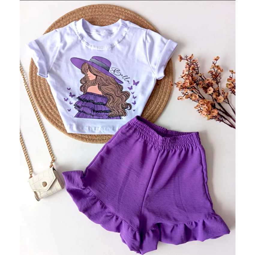 Conjunto Infantil Feminino Bella Blusa Estampada + Short Babado Meninas