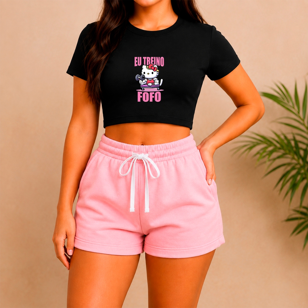 Conjunto Feminino Fitness Academia Cropped Estampado Short com Bolsos