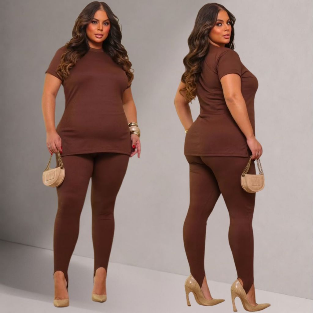 Conjunto Feminino Plus Size blusa e Calça Pezinho Elegante Alfaiataria Confortável Malha Canelada Legging Casual