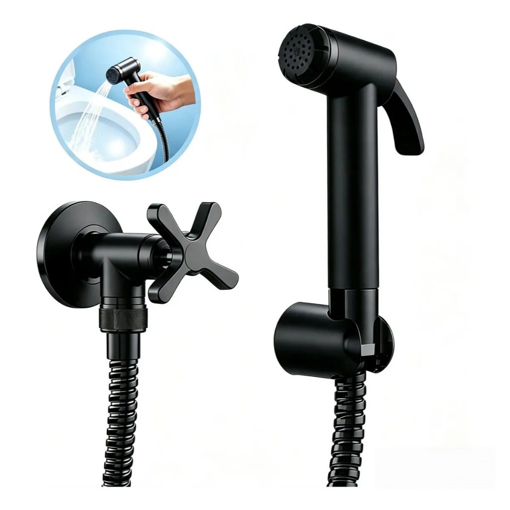 Ducha Higiênica Preto Metal Banheiro Completa com Registro 1/4 Volta Gatilho Met