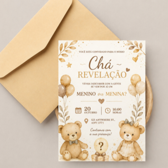 Convite Chá Revelação 10x7 Personalizado Tema Ursinhos Aquarela | Impresso em Papel Fotográfico