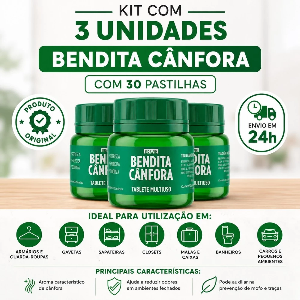 Kit 3 Bendita Cânfora Pastilhas 30 Unidades Bravir Antimofo Elimina Odores Armários Gavetas Sapateiras