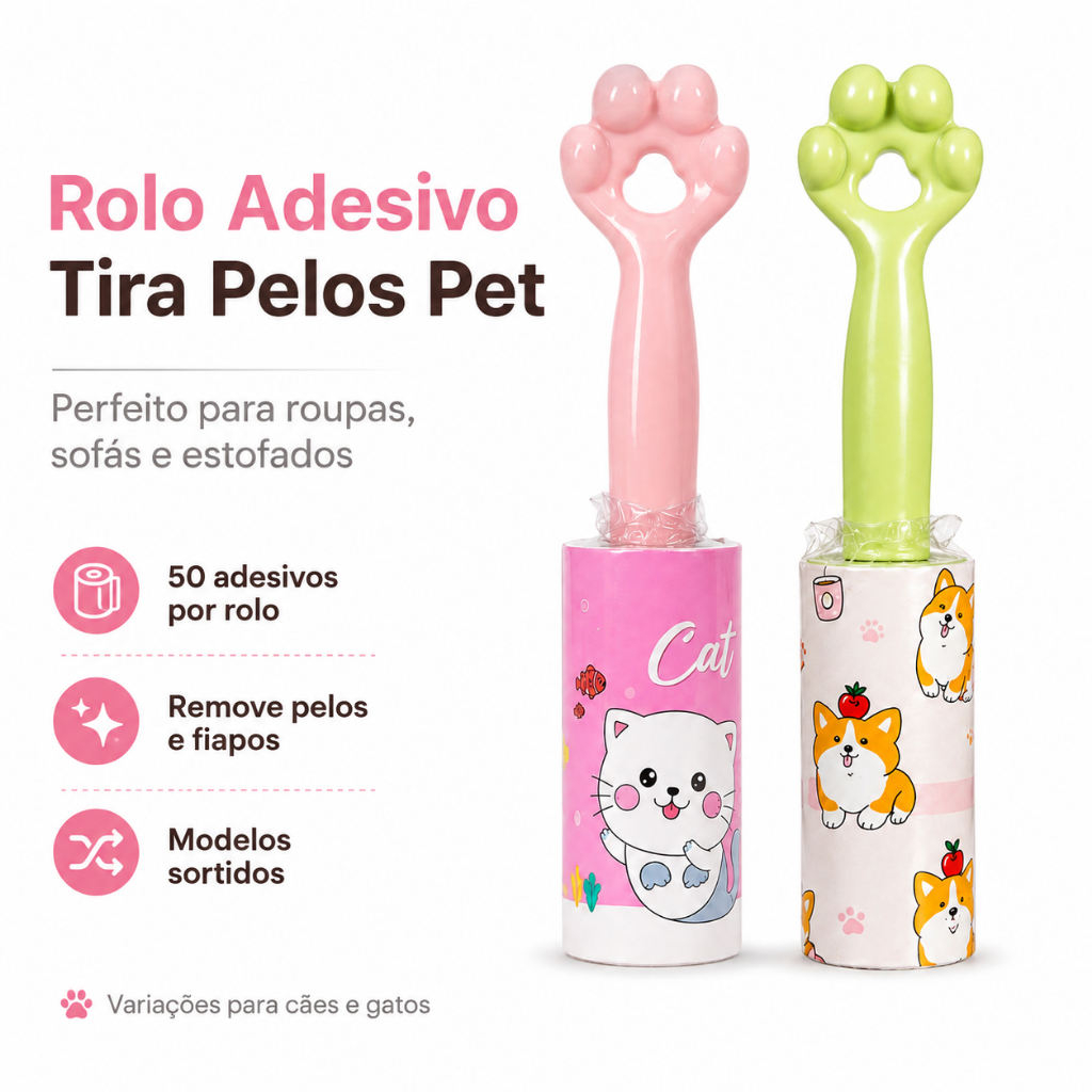 Rolo Adesivo Pet Tira Pelos c/50 Cães Gatos Removedor Fios Carros Bancos Roupas Sofá Fácil Uso