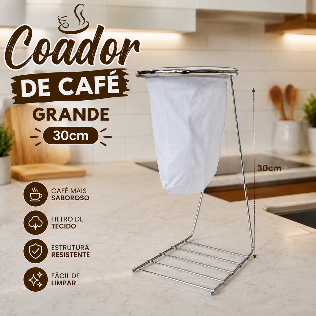 Suporte Coador De Café Grande 30cm Aço Cromado Com Filtro De Pano