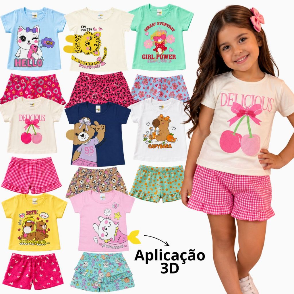 Conjunto Infantil Feminino Menina 3D Verão Blusa + Shorts Estampado Tamanho 1 a 10 Anos Roupa Kids Confortável
